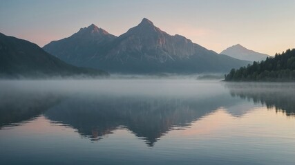 Mountains and Fog Reflecting in Calm Lake Water at Sunrise