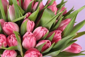 Obraz premium Bouquet of beautiful tulips on lilac background, closeup