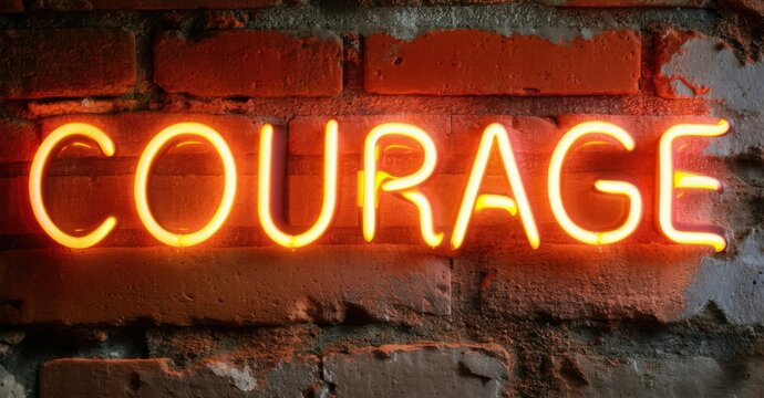Naklejki Neon word courage in bold amber font with light inner glow mounted on old brick ambient dirt textures and light sparks