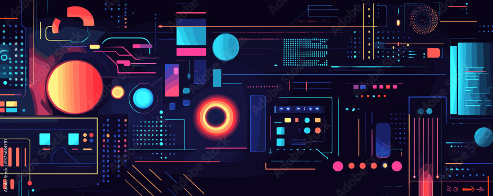 Poster futuristic technology interface with digital elements and abstract shapes - vector.