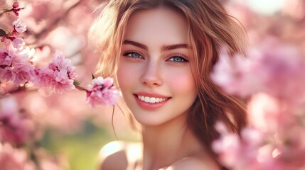 Fototapeta premium Beautiful smiling woman enjoying spring blooming garden with pink flowers