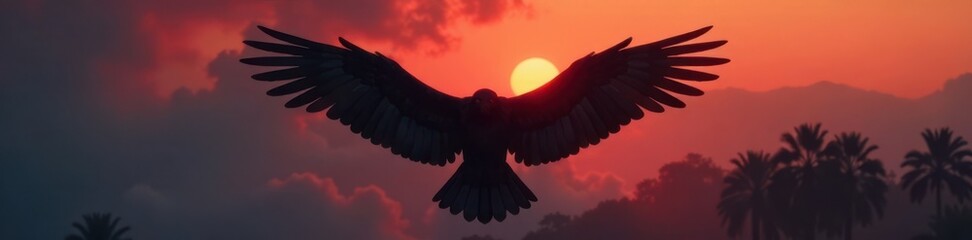 Obraz premium Beautiful black wings with subtle red hues in a misty dawn scene, bird, dawn