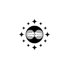 Minimalist Cosmic Logo: Black Circle with Geometric Shapes and Stars, Simple Design