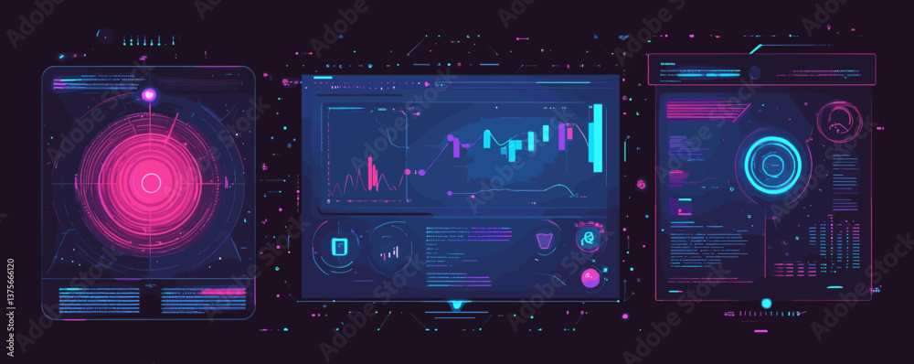 Poster futuristic digital interface with data analysis and graph visualizations - vector.