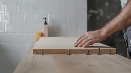 Elegant Wooden Bathroom Countertop Transformation with Modern Design Features and Textures