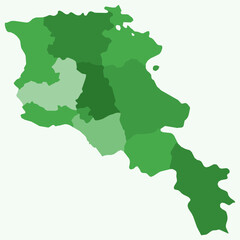 Map of Armenia with regions. Just a simple country border map with region division. Green color palette. Blank Armenia shape with administrative division. Vector illustration.
