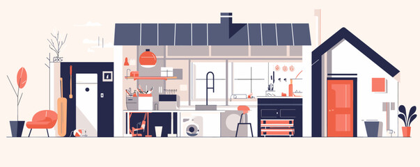 Cozy modern kitchen and living area inside house with minimalist design elements &ndash; vector.