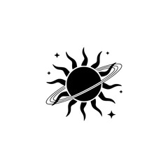 Celestial Sun with Planet Rings & Stars, Minimalist Graphic Design
