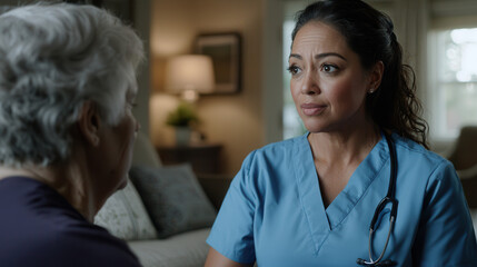 Fototapeta premium caring female nurse in blue scrubs attentively listens to elderly woman in cozy home setting
