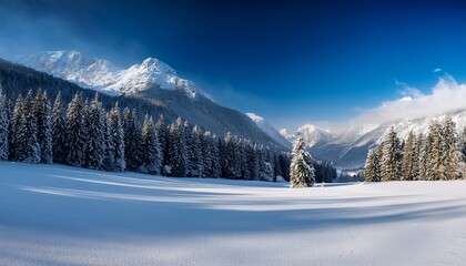 a snow covered field with trees and mountains in the background