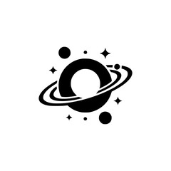 Black and White Minimalist Planet Icon with Stars