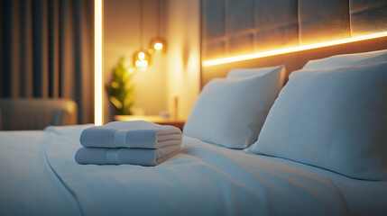 Folded towels on a neatly made bed in a modern hotel room with soft ambient lighting