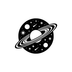 Minimalist Saturn Planet Logo with Stars and Space Elements