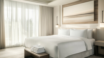 Modern hotel room with a large bed, white linens, folded towels, soft curtains and minimalist decor in neutral tones