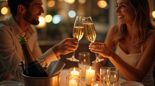 Pareja brindando con copas de champ&aacute;n en cena rom&aacute;ntica a la luz de las velas