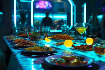 Futuristic Iftar Gathering With Colorful Containers on White Surfaces, A futuristic interpretation of an iftar gathering with AI-generated dishes