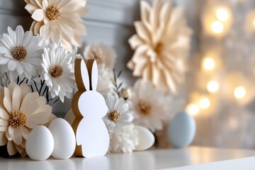 Obraz premium A delightful Easter bunny sits among soft flowers and pastel eggs, creating an enchanting scene full of warmth and joy that embodies the spring season's spirit.