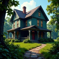 Creepy mansion with boarded up windows and overgrown garden, darkness, garden, boarded up