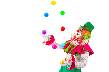 Surprised juggler clown juggling balls in the circus, man entertainer as Joker in a suit and wig, with clown whiteface makeup. Trickster, jester, pantomime, mime, and a professional actor at events