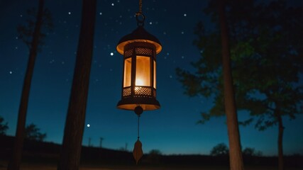 Hanging Lantern Glowing Warmly at Night in a Forest Setting