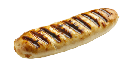 A single grilled sausage with dark grill marks isolated against a black background in a studio shot