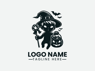 Fototapeta premium Skinned Boy Witch Hat Candy Basket Holiday Vector Logo Design, Boy Witch Hat Candy Logo