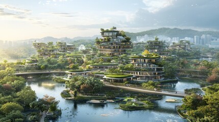 Obraz premium Eco-friendly futuristic residential complex nestled in lush greenery by a lake.