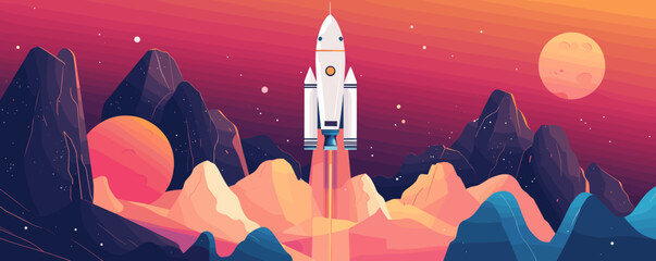 Futuristic rocket launching over alien landscape with colorful sky and mountains - vector.