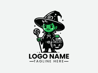 Fototapeta premium Skinned Boy Witch Hat Candy Basket Holiday Vector Logo Design, Boy Witch Hat Candy Logo