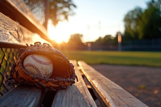 A calm baseball scene, featuring a worn glove holding a baseball, set against a beautiful sunset backdrop, capturing the essence of the sport and nostalgia.