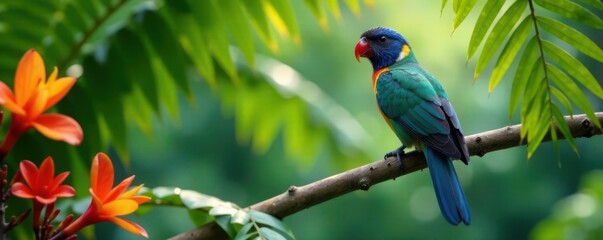 Exotic Bird Perched on Palm Tree Branches with Large Leaf Fronds and Brightly Colored Flowers , greenery, flowers