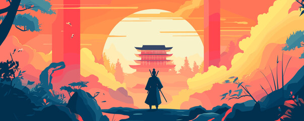 Samurai silhouette against sunset with pagoda and japanese landscape - vector.