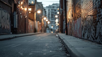 Defocused Streetlights Creating Bokeh Effect in Urban Alley at Dusk with Graffiti and Glow