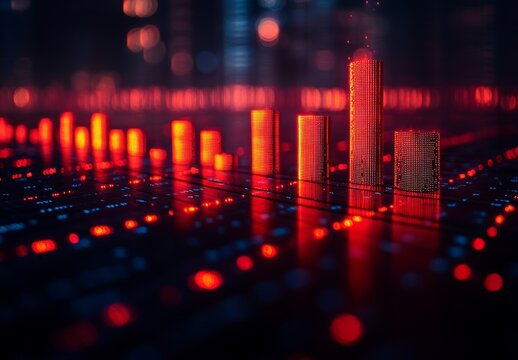 Futuristic red glowing bar chart data visualization
