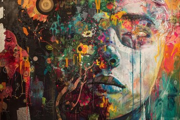Fototapeta premium A colorful abstract painting featuring a human face with intricate details and patterns, Imagine the possibilities and potential for growth in a collaborative art project