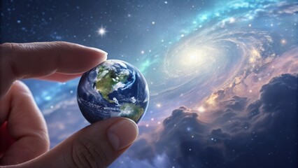 Hand Holding Small Earth Model Against Cosmic Background