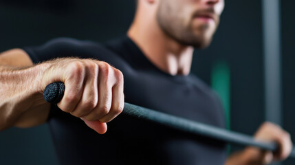 man in black shirt is using resistance band for arm exercises