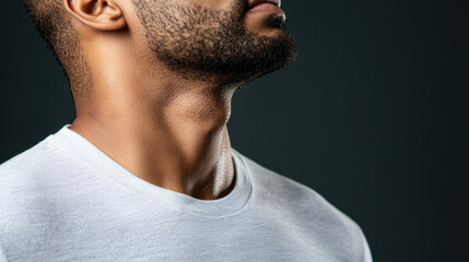 Obraz premium man with beard wearing white shirt looks upwards against dark background