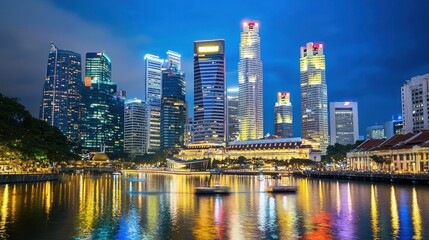 Naklejka premium Night cityscape with illuminated skyscrapers and waterfront reflections.