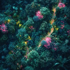 Enchanted Forest Pathway with Glowing Flowers at Night