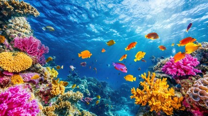 Fototapeta na wymiar Vibrant coral reef teeming with colorful fish in clear ocean water.
