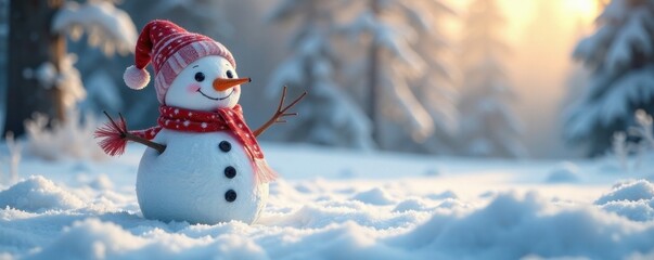 Obraz premium Frosty winter landscape with a happy snowman enjoying the serene surroundings, snowman, snowy, frozen
