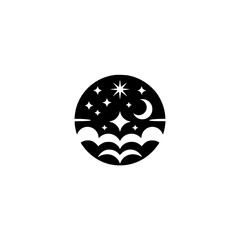 Minimalist Night Sky Logo: Stars, Crescent Moon, and Clouds
