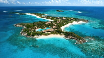 Fototapeta premium Aerial view of a tropical island paradise with pristine beaches, turquoise water, lush vegetation, and luxury resort.