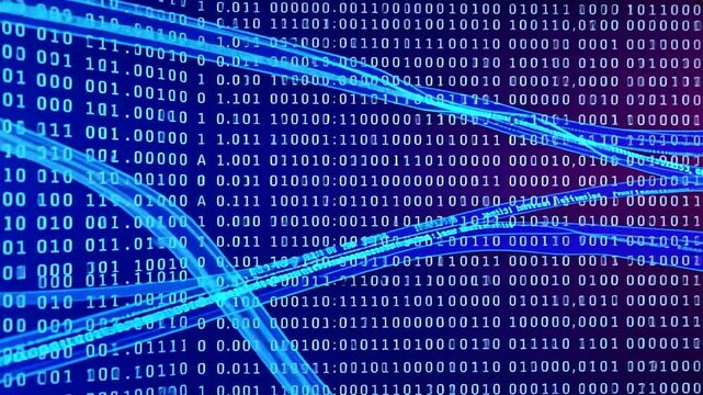 Abstract representation of digital data flow with binary code on a vibrant blue background