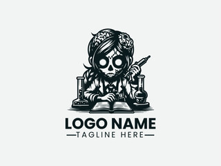 Cartoon Zombie Scientist Glowing Eyes Laboratory Vector Logo Design, Spooky Zombie Scientist Laboratory Logo