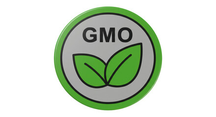 Isolated Round GMO Label with Green Leaves