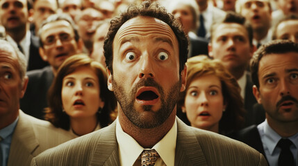 Surprised crowd reaction at unexpected event city hall emotional moment indoor close-up collective shock