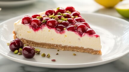 Decadent cheesecake slice with vibrant cherries and pistachios. Creamy texture and soft focus create a tempting treat