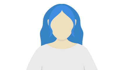 Simple illustration of a faceless woman with long blue hair wearing a white top
